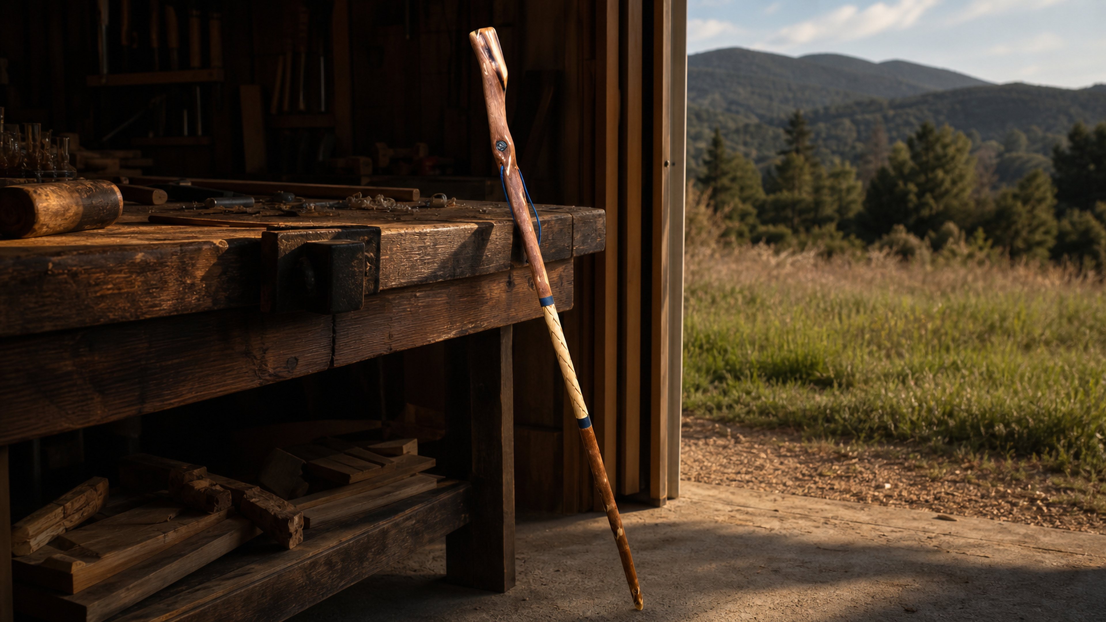 A polished spiral-carved walking stick rests against a dark workbench at the open door of a foothill woodshop.